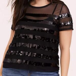 Torrid Sheer Mesh Stripe Sequin Crew Neck Tee Bling Plus Size 3X Cocktail Party